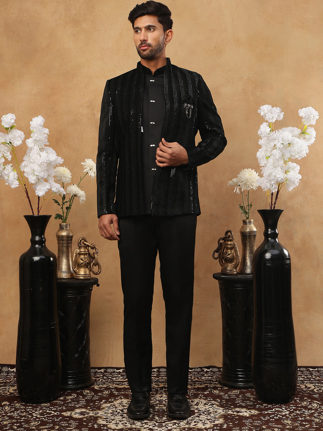 Men Black Velvet Indo-Western Set With Embroidery