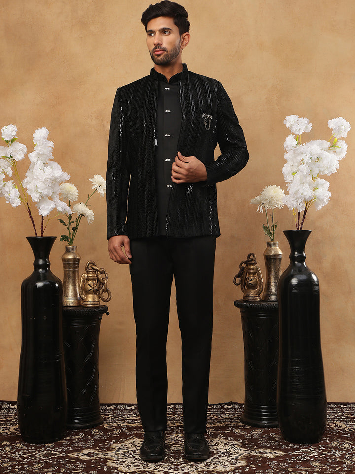 Men Black Velvet Indo-Western Set With Embroidery