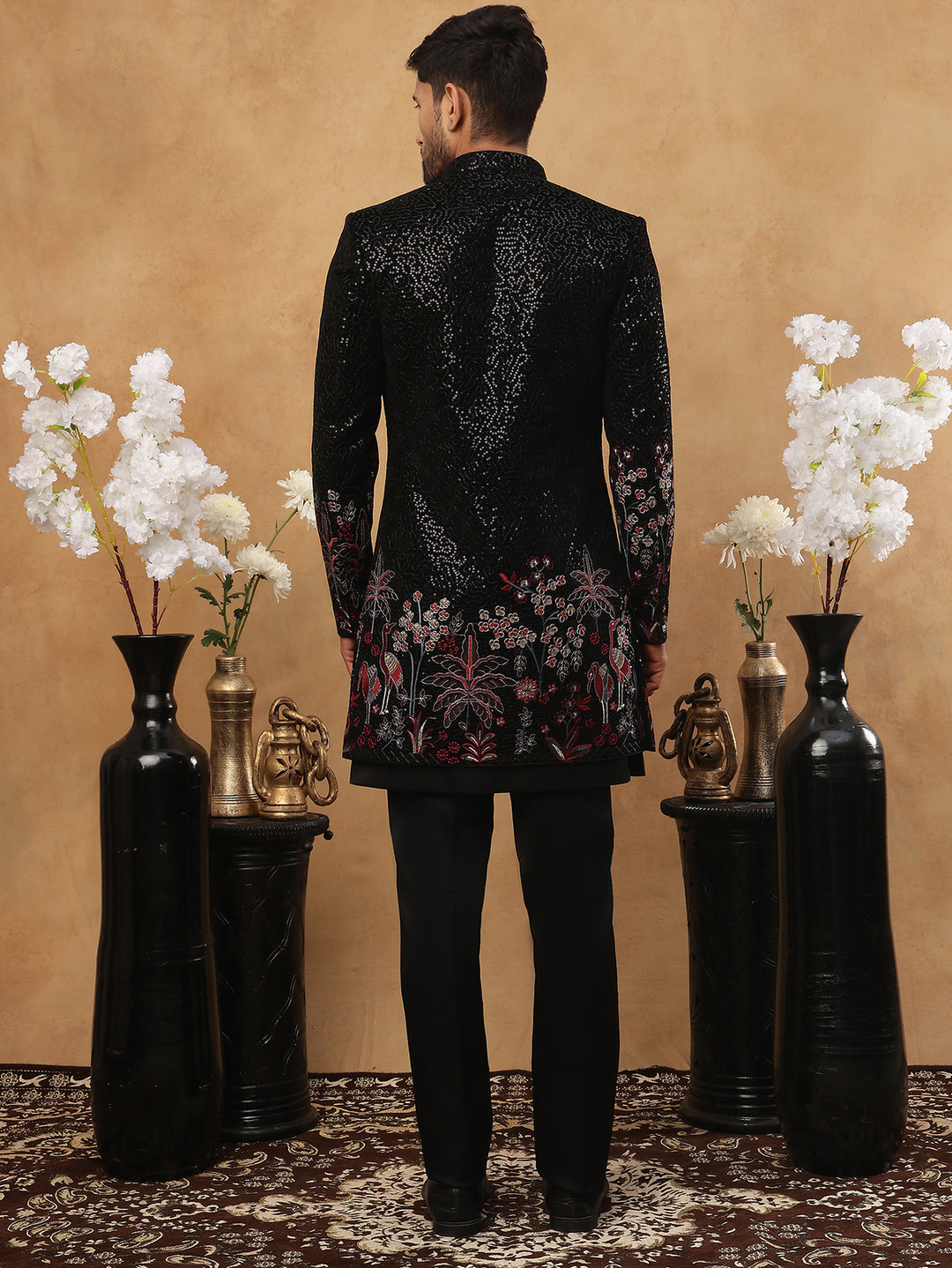 Men Black Velvet Embroidered Indo-Western Set