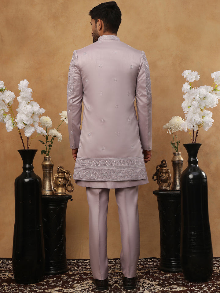 Men Lavender Embroidered Indo-Western Set
