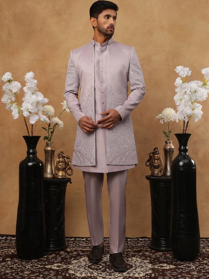 Men Lavender Embroidered Indo-Western Set