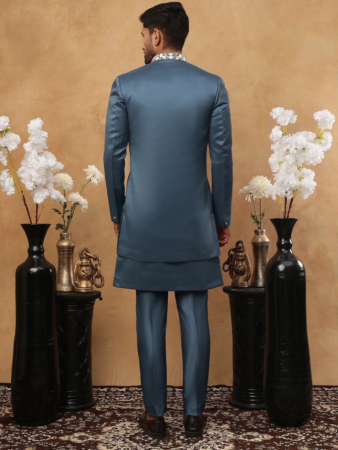 Men Blue Embroidered Indo-Western Set