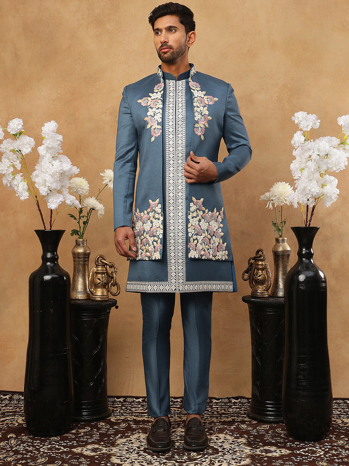 Men Blue Embroidered Indo-Western Set