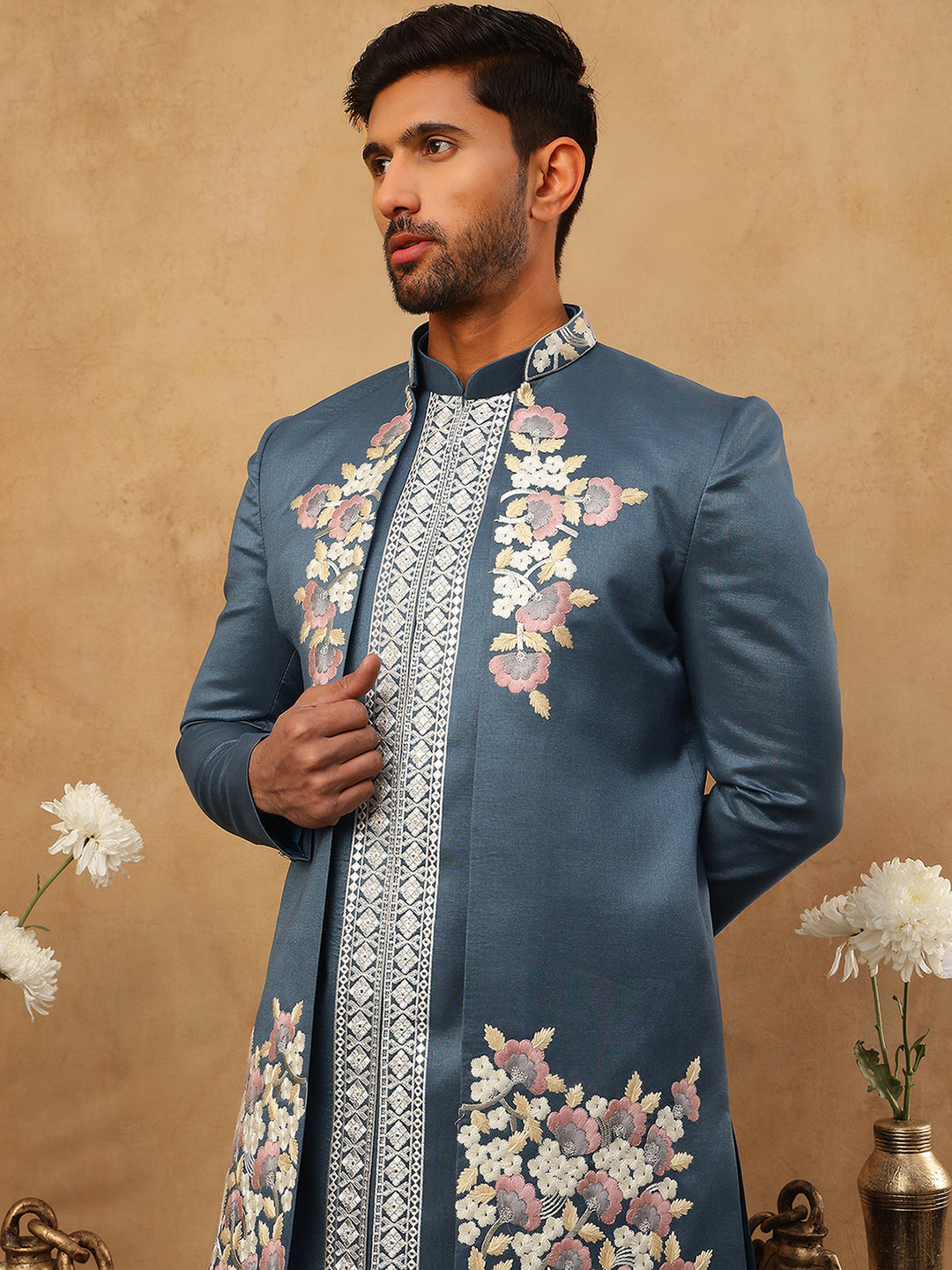 Men Blue Embroidered Indo-Western Set