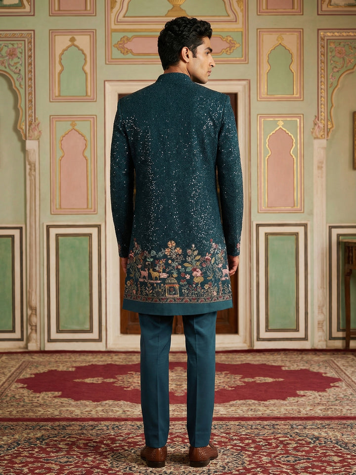 Men’S Peacock Blue Heavily Embroidered Indo-Western Set