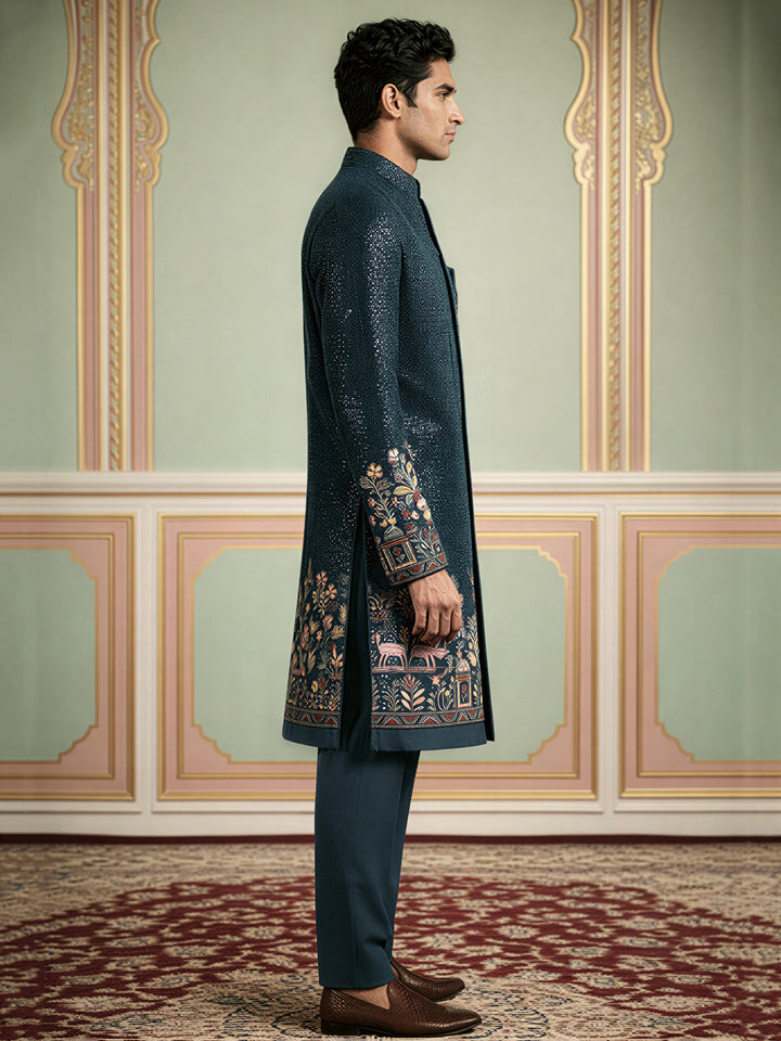 Men’S Peacock Blue Heavily Embroidered Indo-Western Set