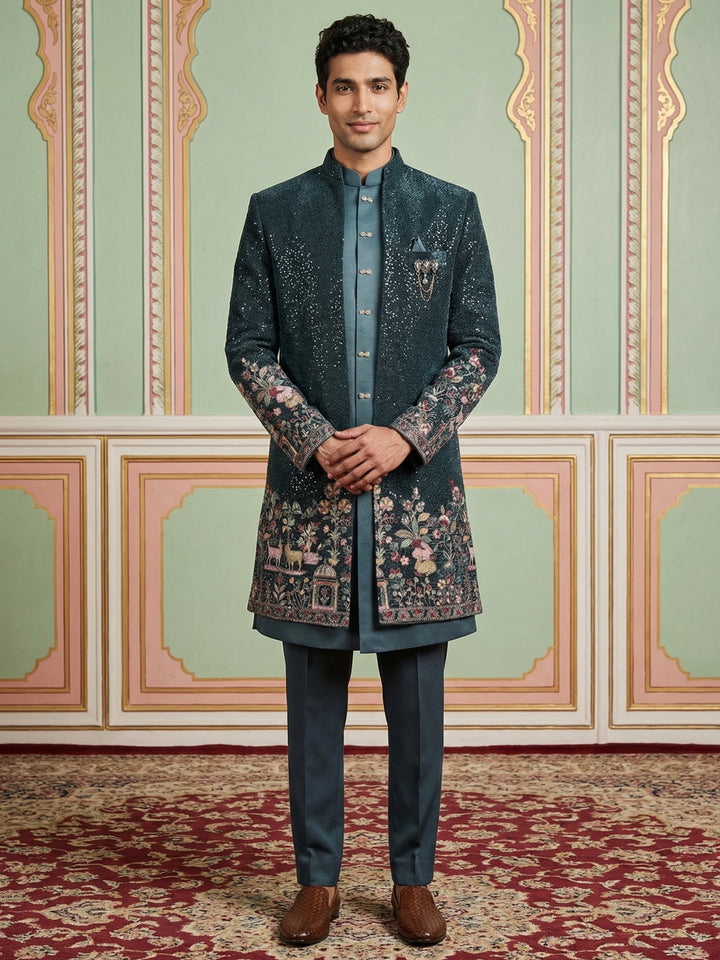 Men’S Peacock Blue Heavily Embroidered Indo-Western Set