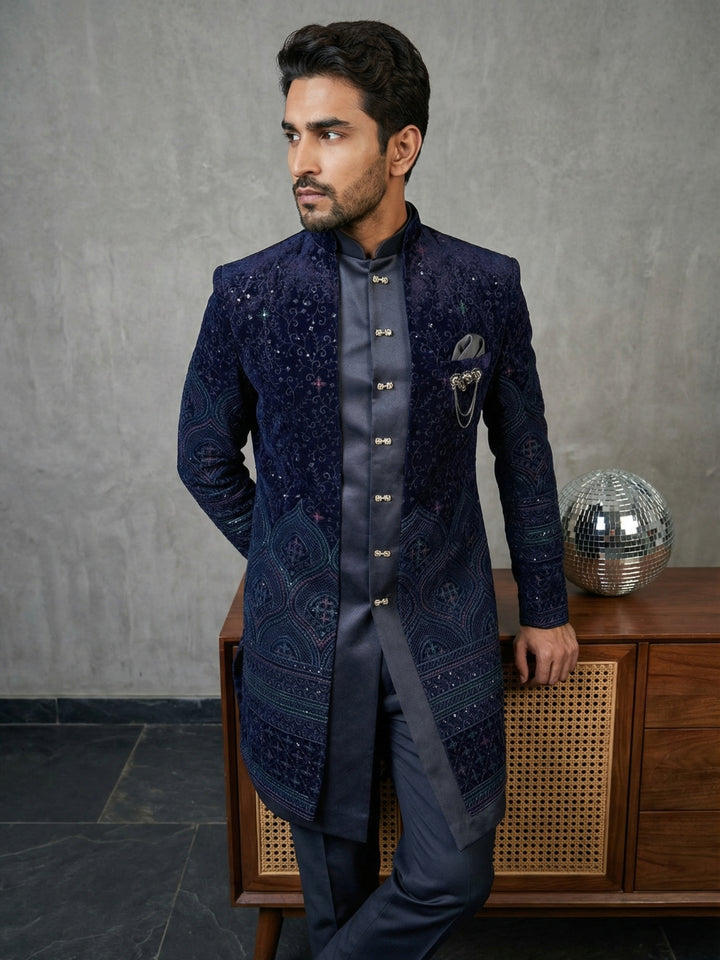 Men’S Navy Blue Embroidered Indo-Western Set