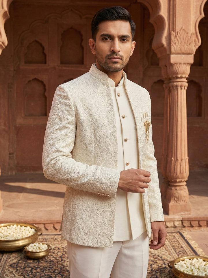 Men Embroidered Cotton Blend Indo-Western Sherwani Set