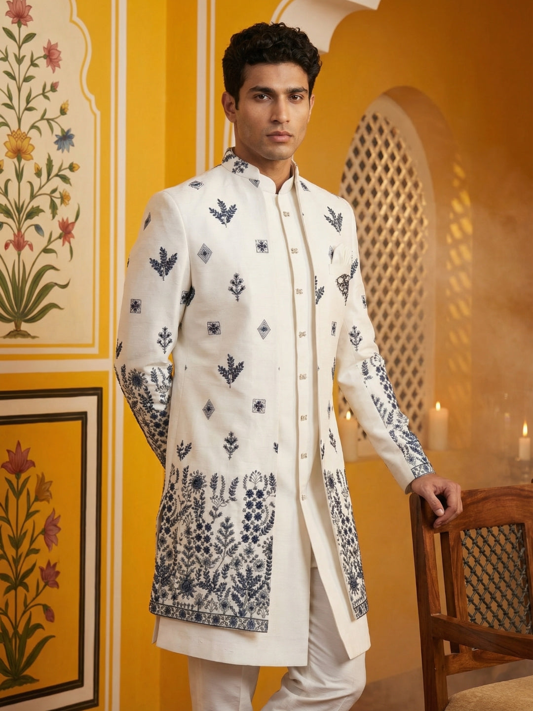 Men’S Embroidered Silk Blend Indo-Western Set