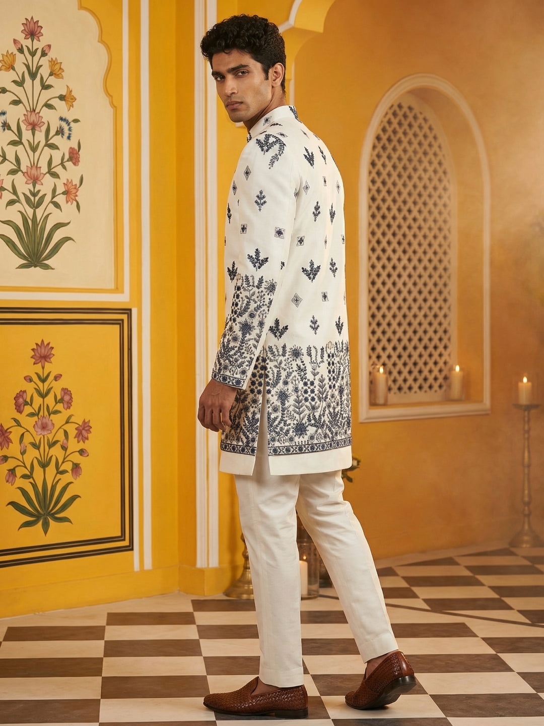 Men’S Embroidered Silk Blend Indo-Western Set