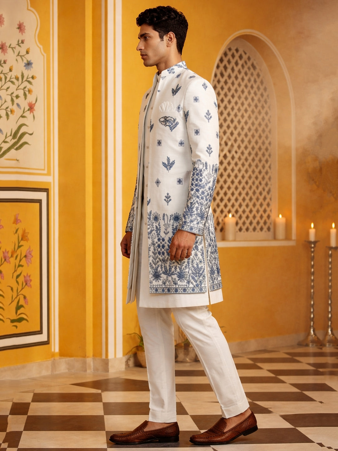 Men’S Embroidered Silk Blend Indo-Western Set