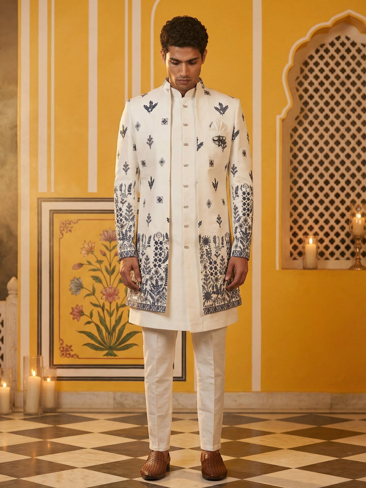 Men’S Embroidered Silk Blend Indo-Western Set
