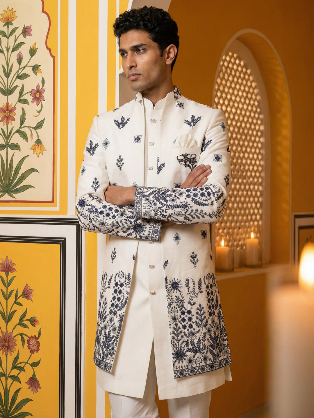 Men’S Embroidered Silk Blend Indo-Western Set