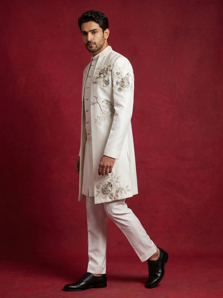 Off-White Embroidered Indo-Western Set For Men