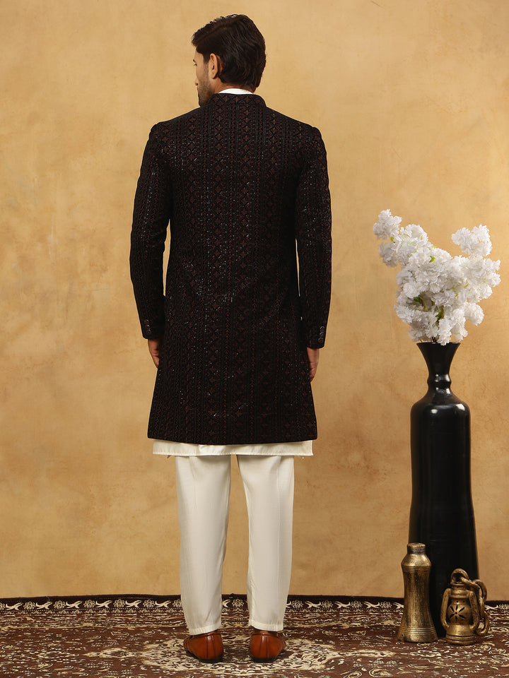Men’S Maroon Velvet Embroidered Indo-Western Set