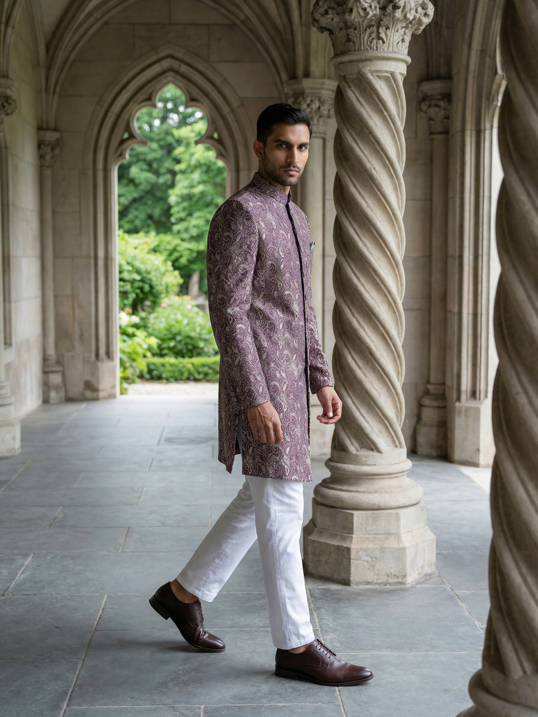 Men’S Woven Silk Jacquard Indo-Western Set