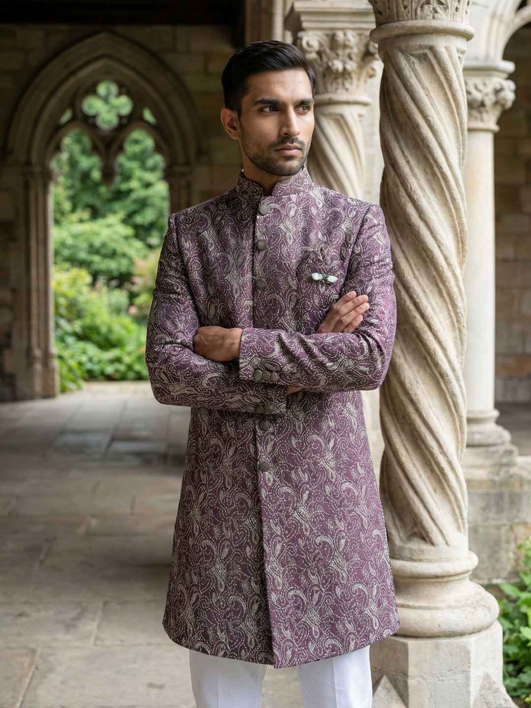 Men’S Woven Silk Jacquard Indo-Western Set