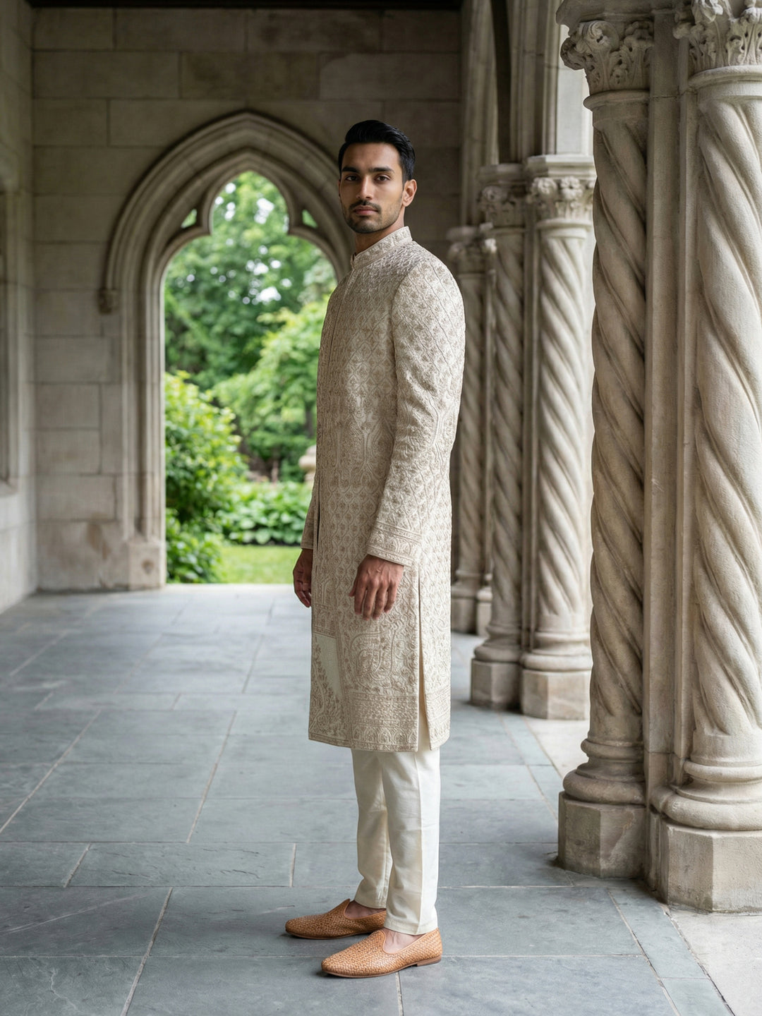 Ivory Gold Embroidered Sherwani Set