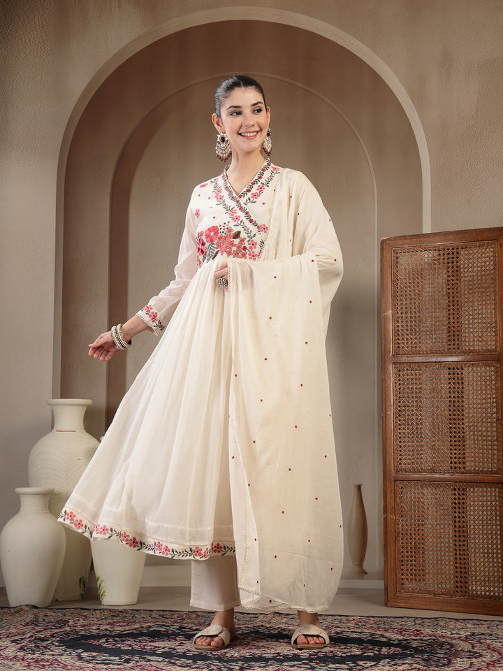 Cotton Calf Length Solid Full Sleeves Anrakha Neck Flared Kurta Suit Set With Dupatta
