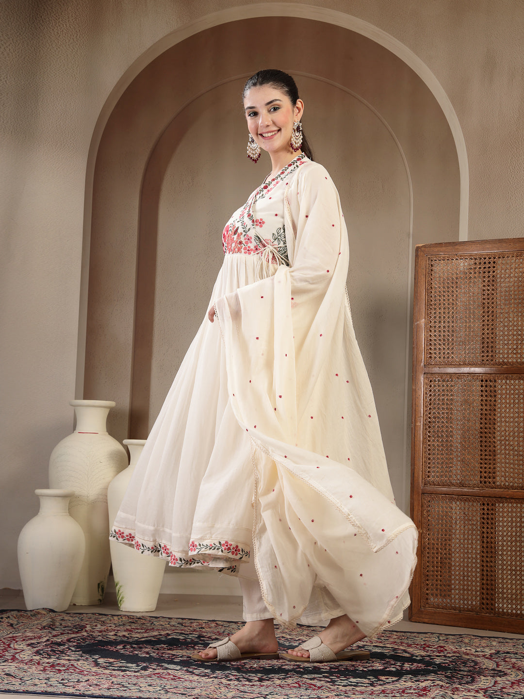 Cotton Calf Length Solid Full Sleeves Anrakha Neck Flared Kurta Suit Set With Dupatta