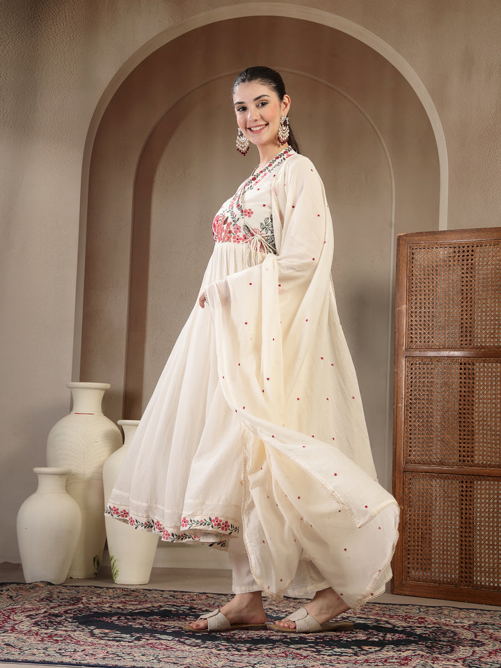 Cotton Calf Length Solid Full Sleeves Anrakha Neck Flared Kurta Suit Set With Dupatta