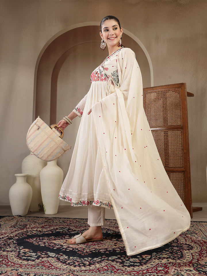 Cotton Calf Length Solid Full Sleeves Anrakha Neck Flared Kurta Suit Set With Dupatta