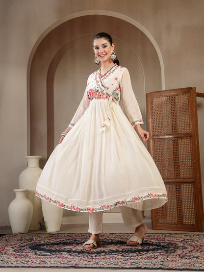 Cotton Calf Length Solid Full Sleeves Anrakha Neck Flared Kurta Suit Set With Dupatta (Pre-Order)