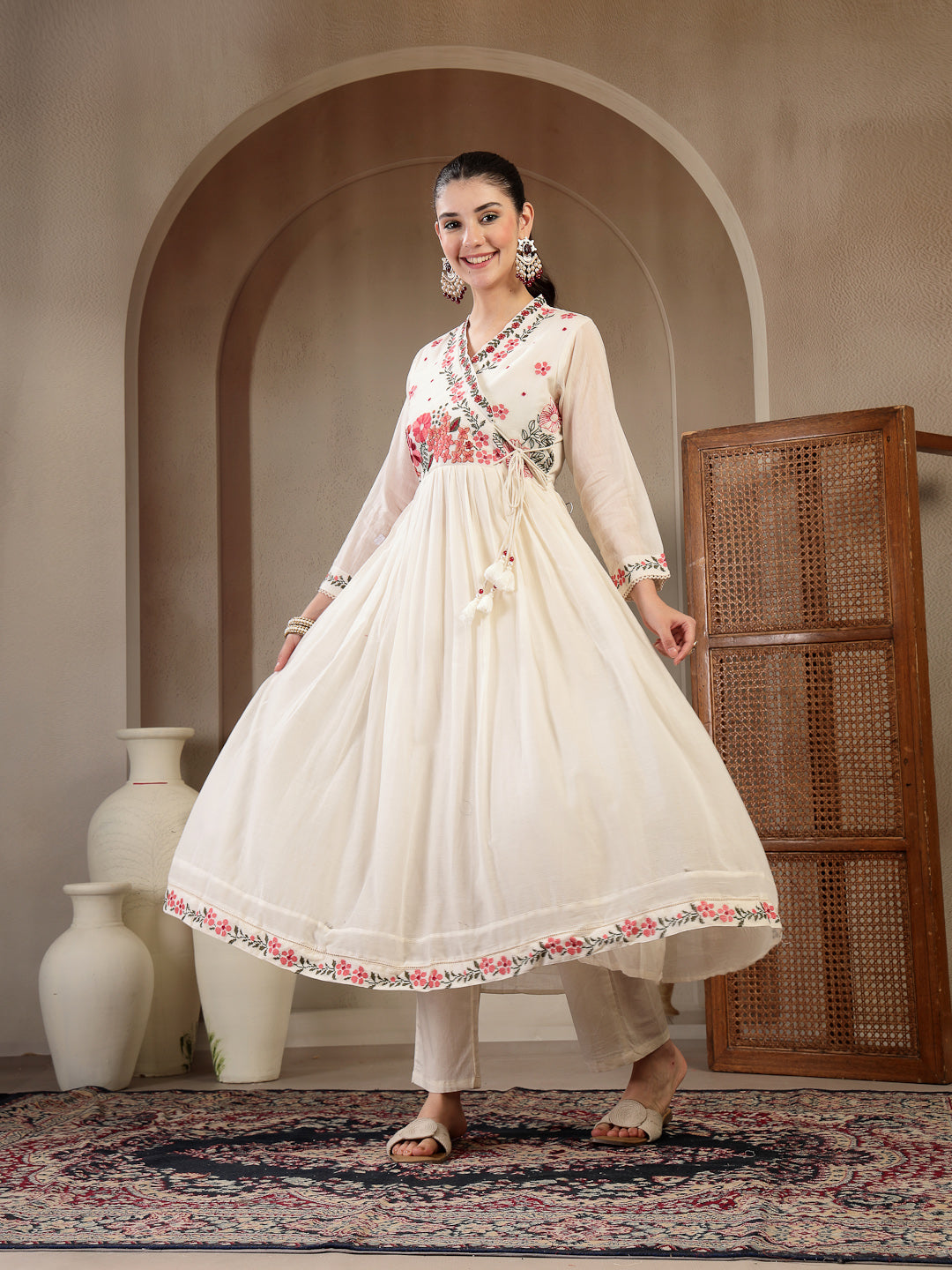 Cotton Calf Length Solid Full Sleeves Anrakha Neck Flared Kurta Suit Set With Dupatta