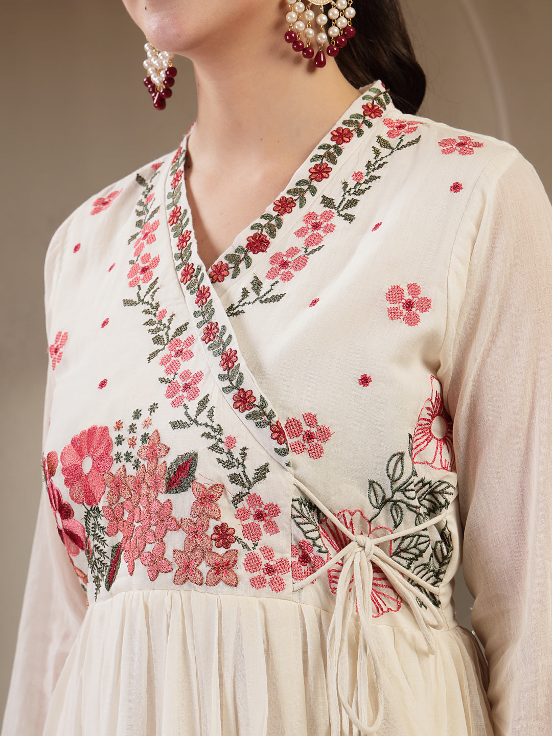 Cotton Calf Length Solid Full Sleeves Anrakha Neck Flared Kurta Suit Set With Dupatta (Pre-Order)