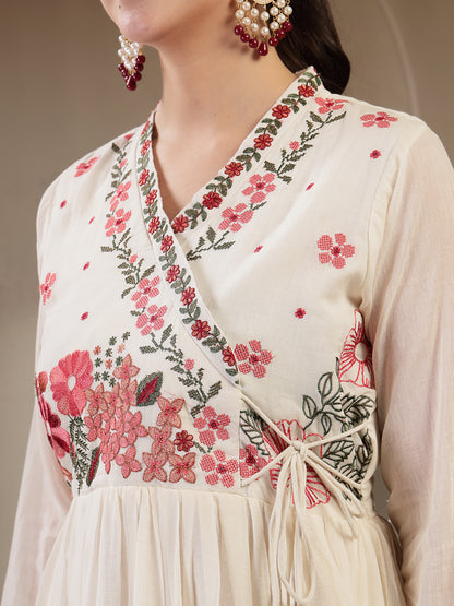 Cotton Calf Length Solid Full Sleeves Anrakha Neck Flared Kurta Suit Set With Dupatta