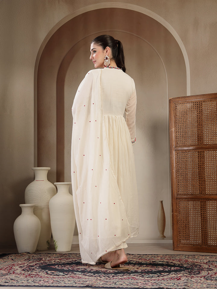 Cotton Calf Length Solid Full Sleeves Anrakha Neck Flared Kurta Suit Set With Dupatta