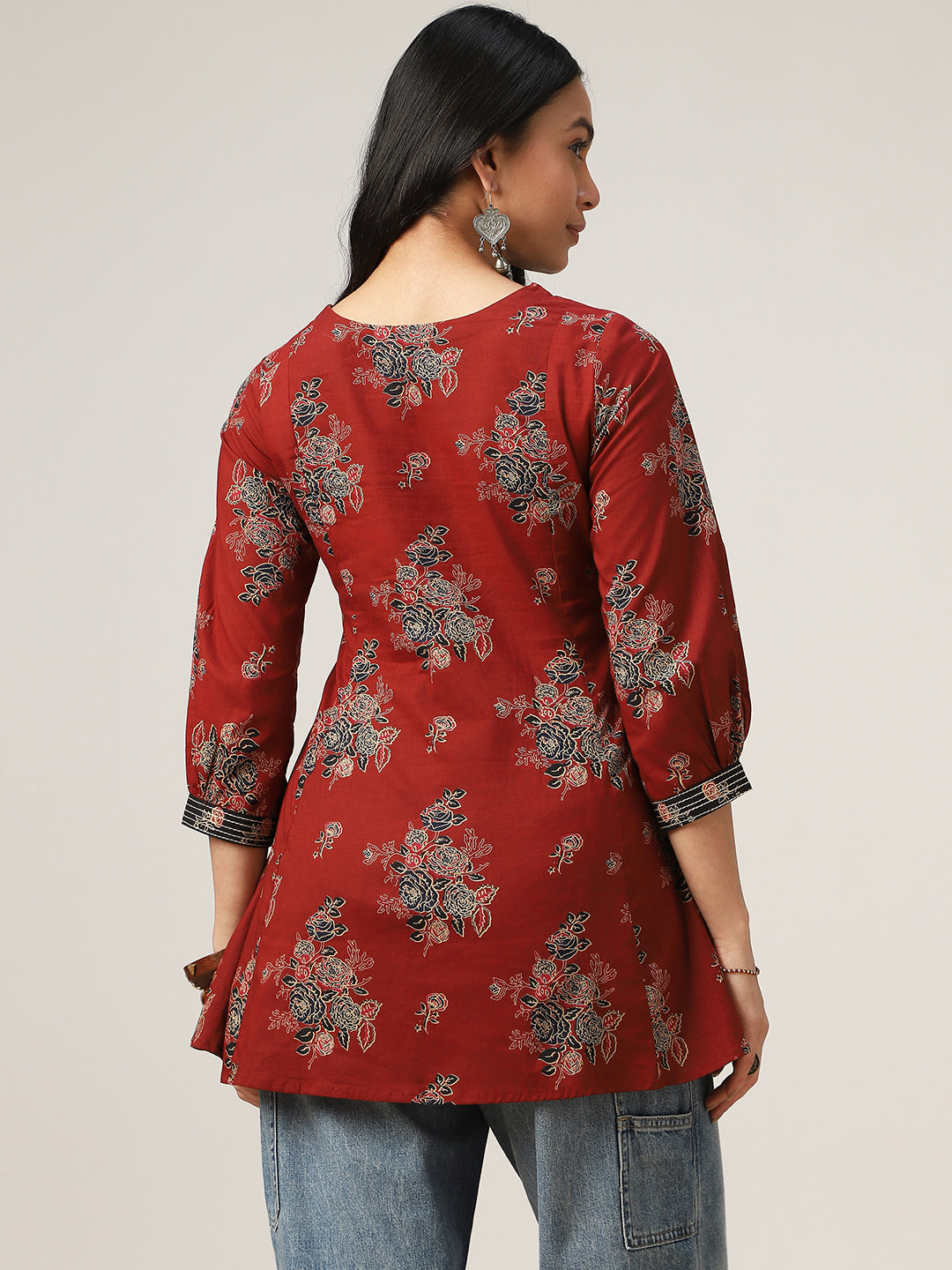 Flared Printed Cotton V-Neck Top