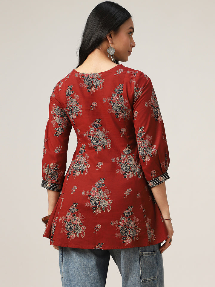 Flared Printed Cotton V-Neck Top