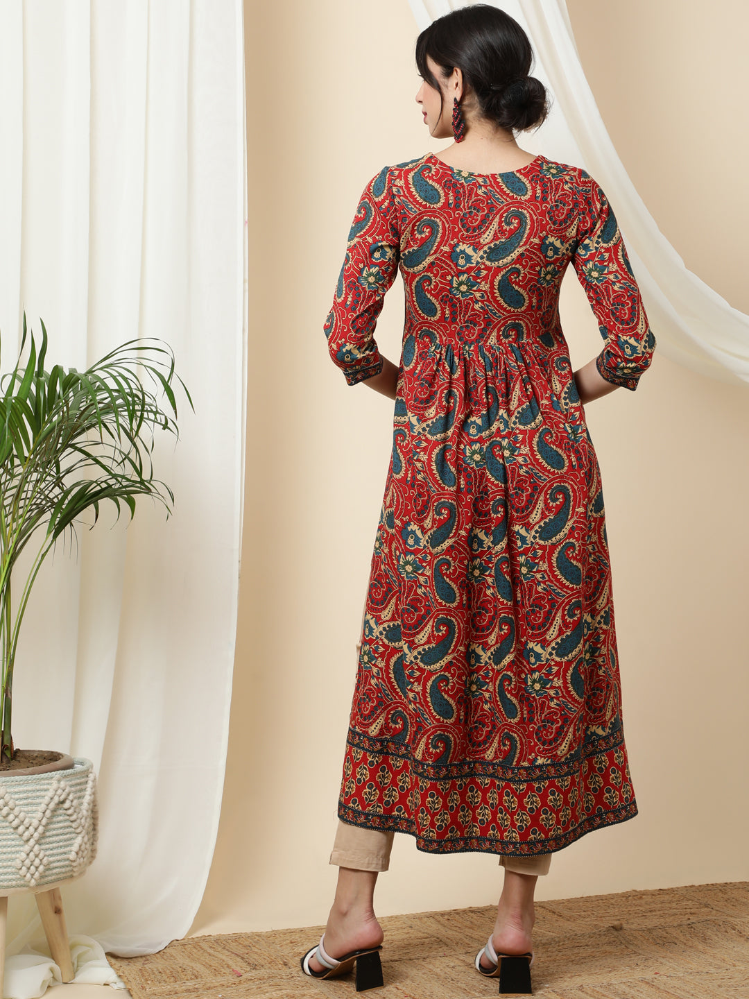 Rayon  Calf Length Printed Semi-Flared 3/4 Sleeves Round Kurta