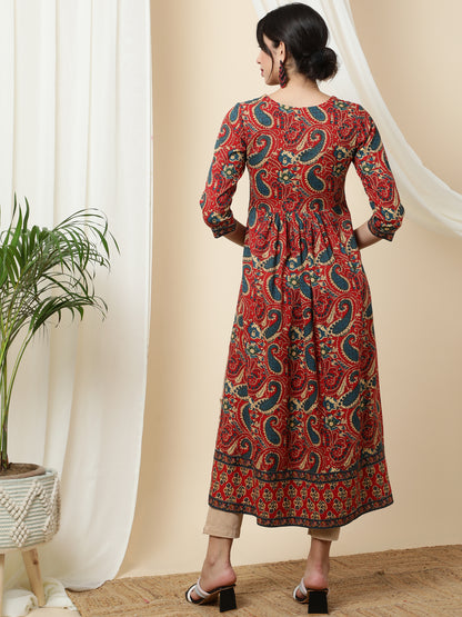 Rayon  Calf Length Printed Semi-Flared 3/4 Sleeves Round Kurta