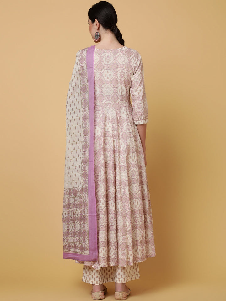 Cotton Calf Length Printed Flared 3/4 Sleeves V-Neck Kurta Bottom Dupatta Set