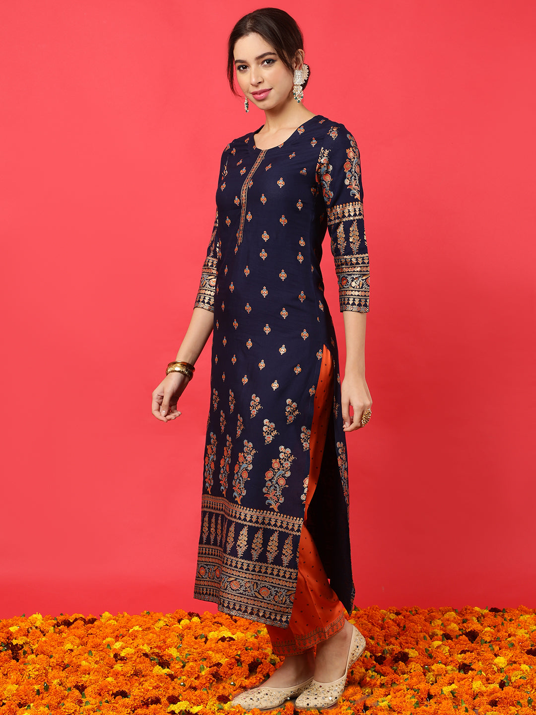 Rayon  Calf Length Printed Straight 3/4 Sleeves Round Kurta Bottom Dupatta Set