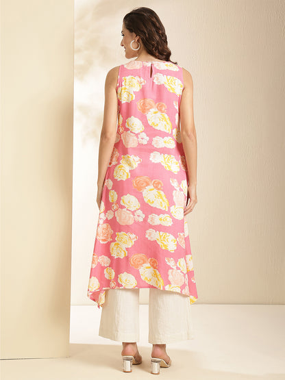 Rayon Calf Length Printed Sleeveless Round Neck Asymmetrical Kurta