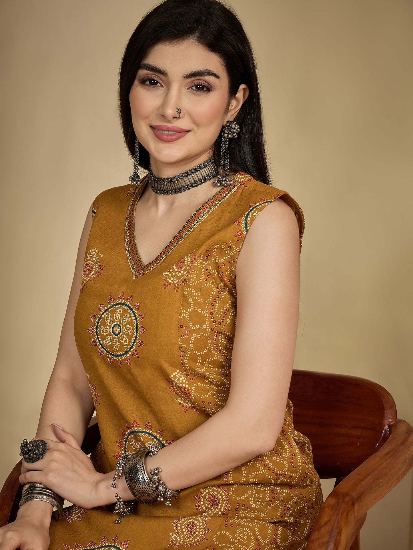 Rayon Calf Length Printed Sleeveless V-Neck A-Line Kurta Suit Set