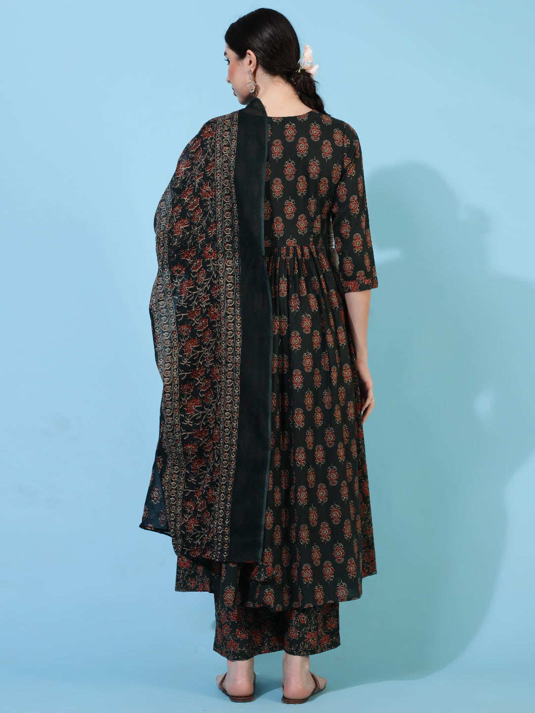 Cotton Calf Length Printed Flared 3/4 Sleeves V-Neck Kurta Bottom Dupatta Set