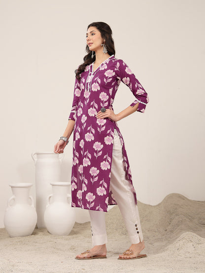 Cotton Calf Length Printed 3/4 Sleeves V-Neck Kurta