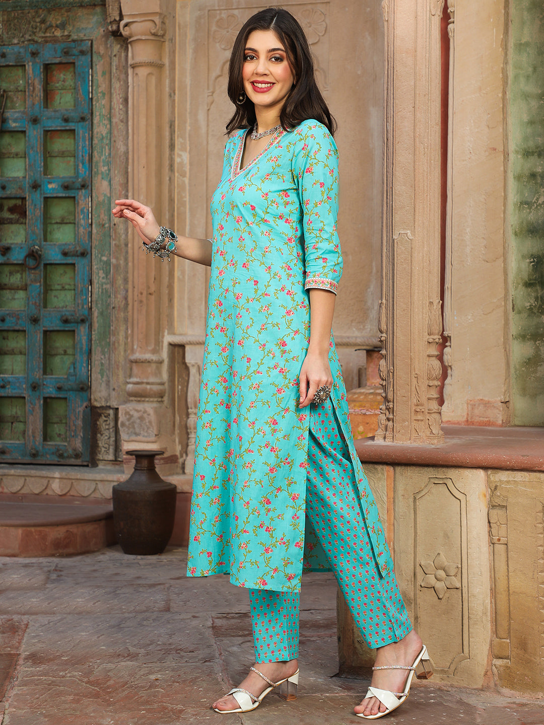 Cotton Calf Length Printed Straight 3/4 Sleeves V-neck Kurta Bottom Dupatta Set