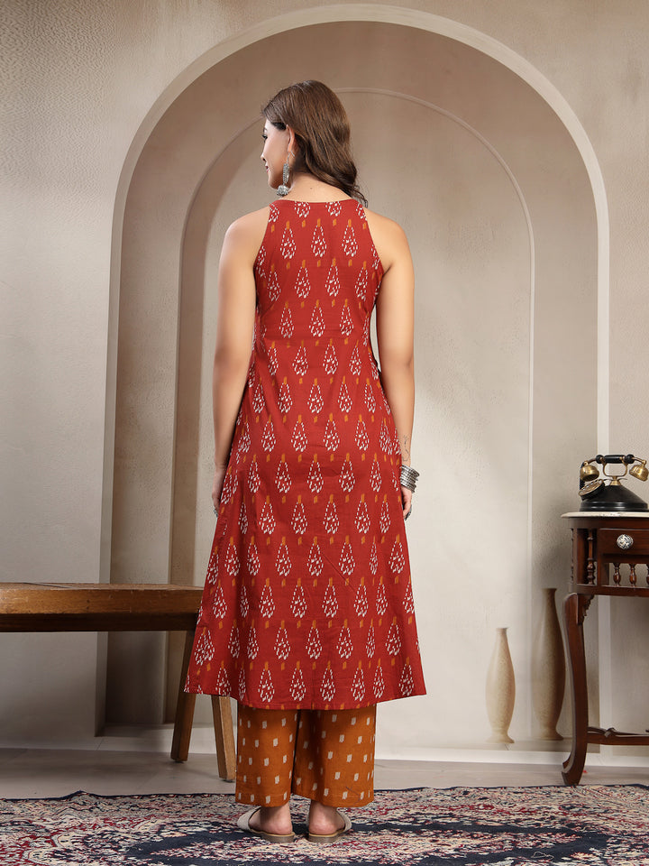 Flared Printed Cotton Round Neck Kurta Set