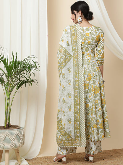 Cotton  Calf Length Printed Flared 3/4 Sleeves Round Kurta Bottom Dupatta Set