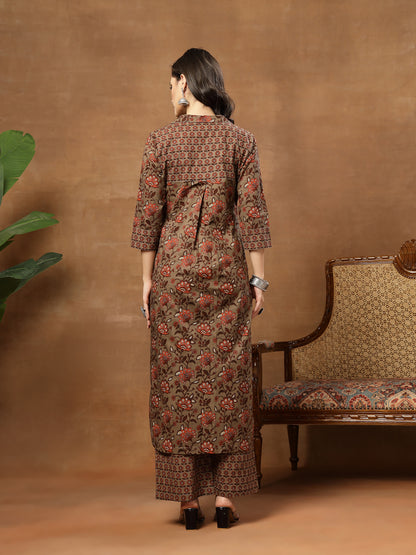 Straight Printed Cotton Shirt Collar Kurta Set