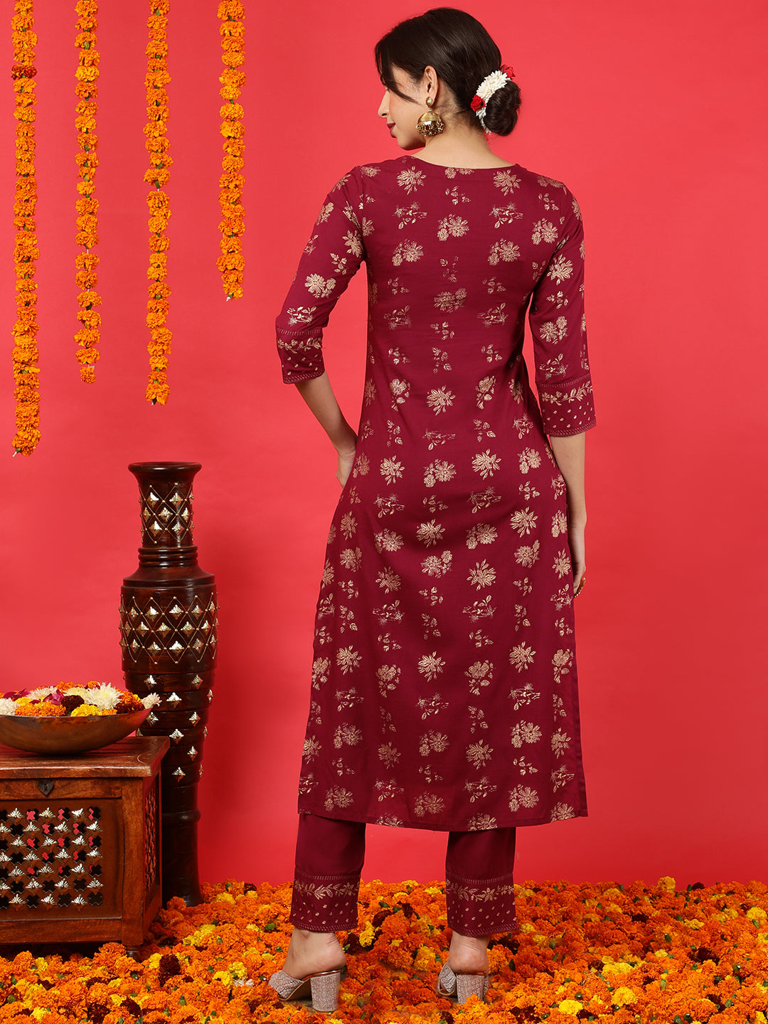 Rayon Calf Length Printed Straight 3/4 Sleeves Round Neck Kurta Bottom Dupatta Set (Preorder)