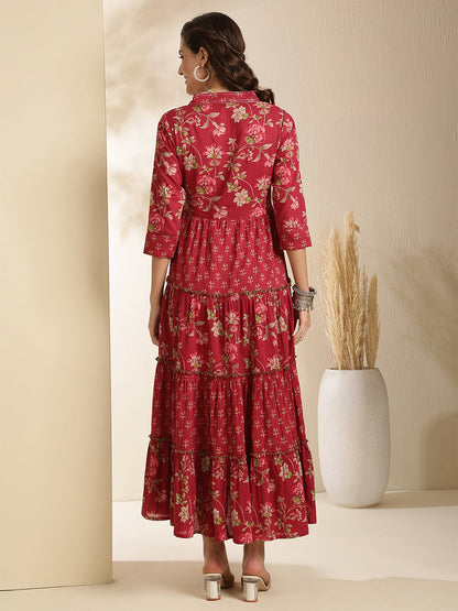 Cotton Calf Length Printed 3/4 Sleeve V-Neck Anarkali Kurta (Preorder)