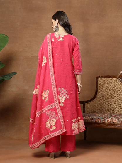 Flared Printed Cotton Round Neck Kurta Set With Dupatta