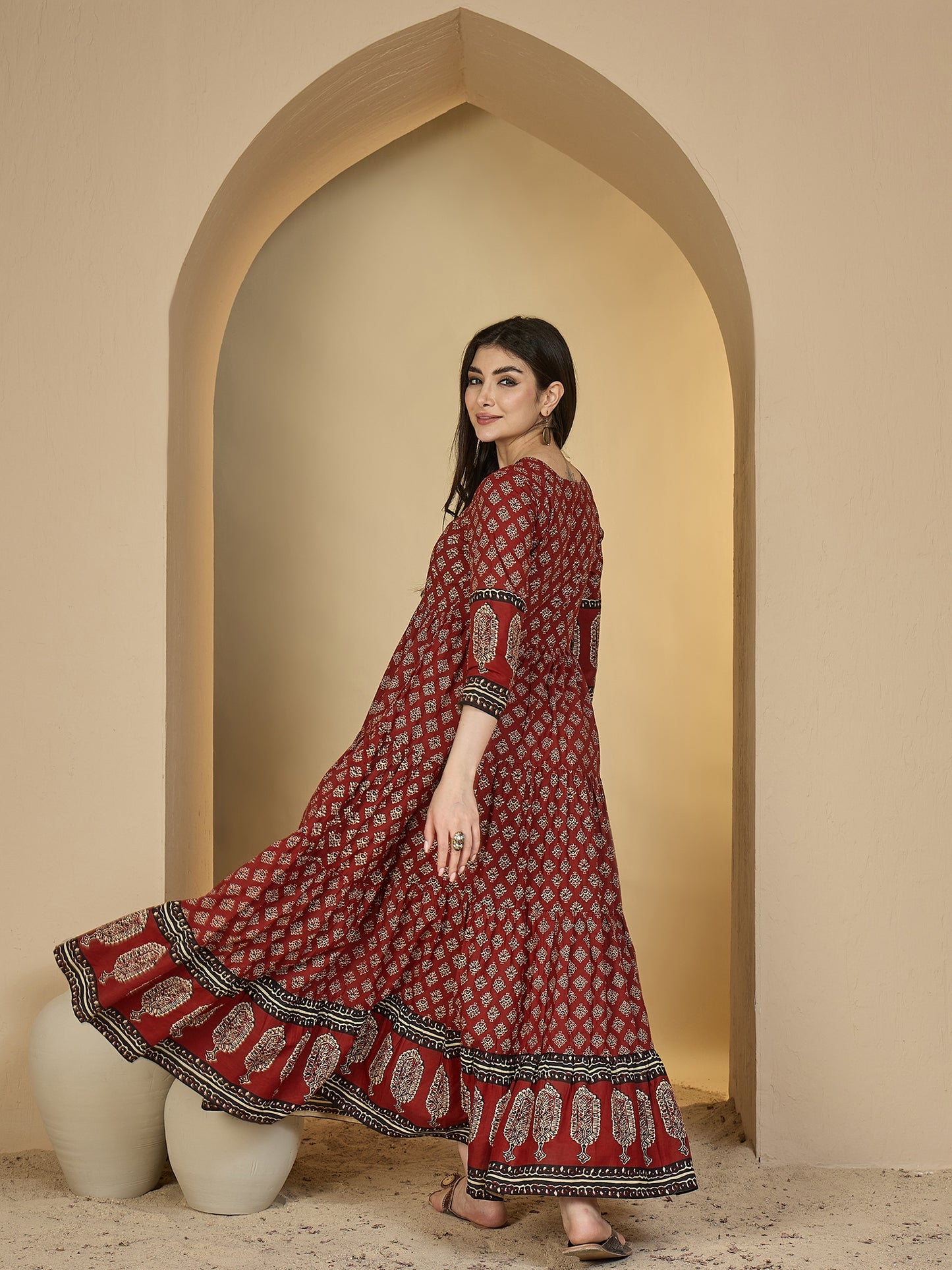 Cotton Ankle Length Printed 3/4 Sleeves V-Neck Anarkali Kurta